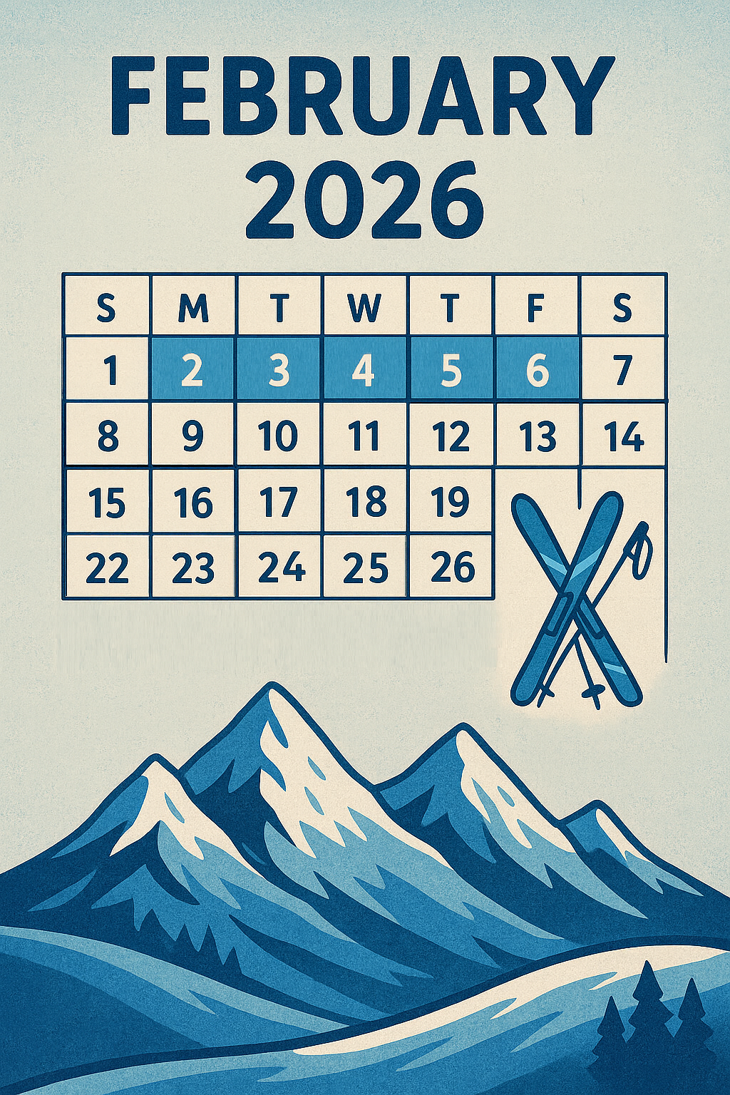 February 2026 ski calendar